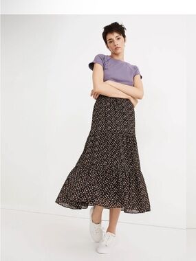 Madewell Black Midi Tiered Skirt with Multicolor Floral Print